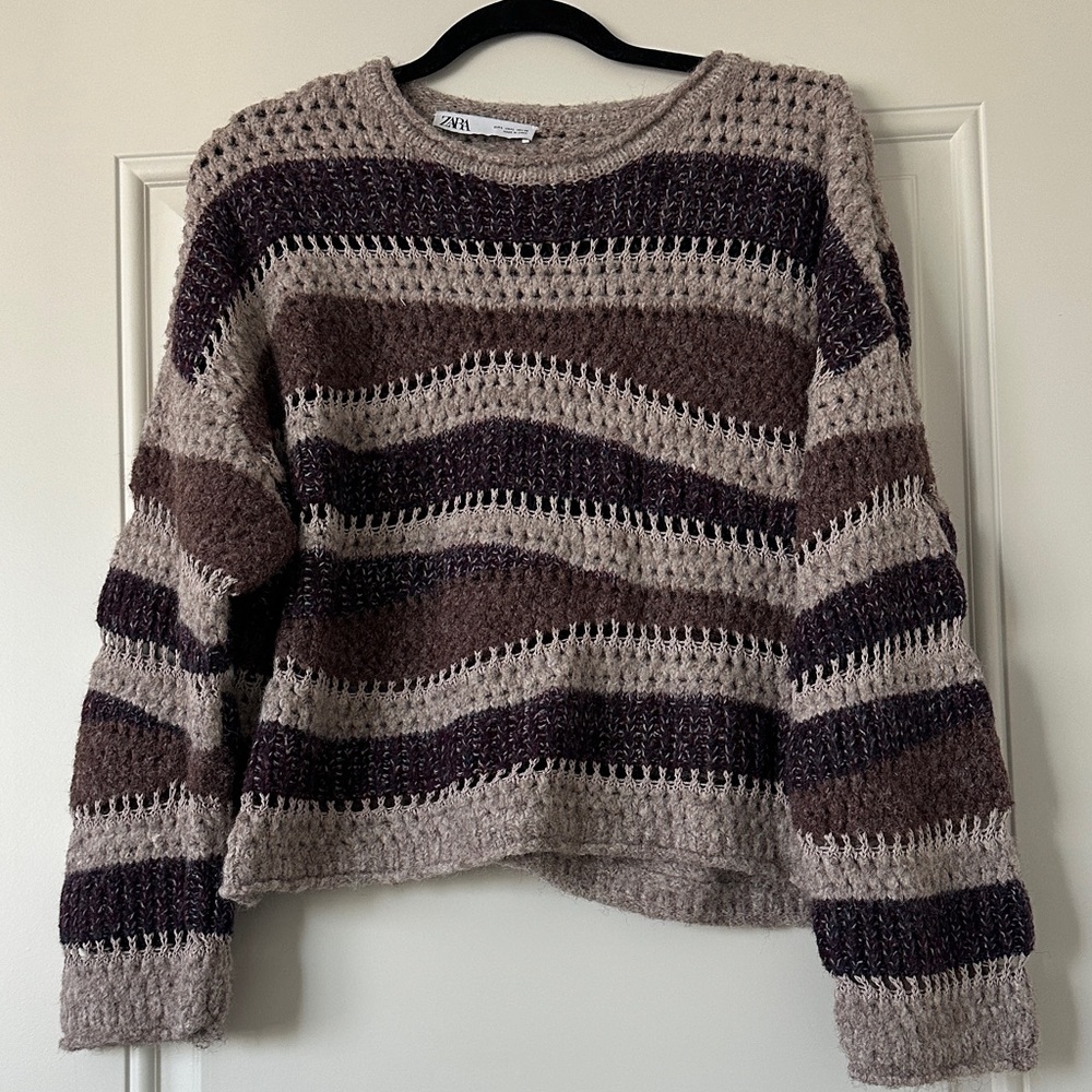 Zara Striped Open-Stitch Crewneck Sweater in Taupe & Brown
